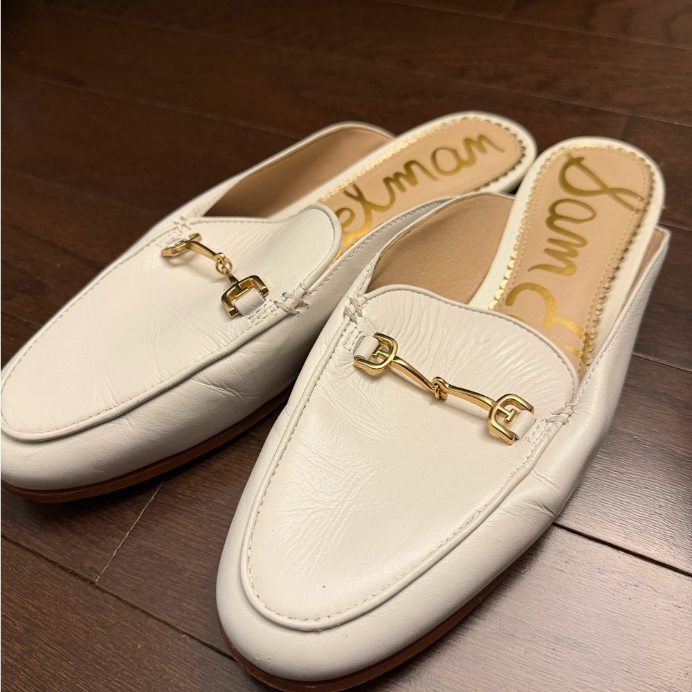 Sam Edelman White Leather Backless Loafers with Gold Hardware